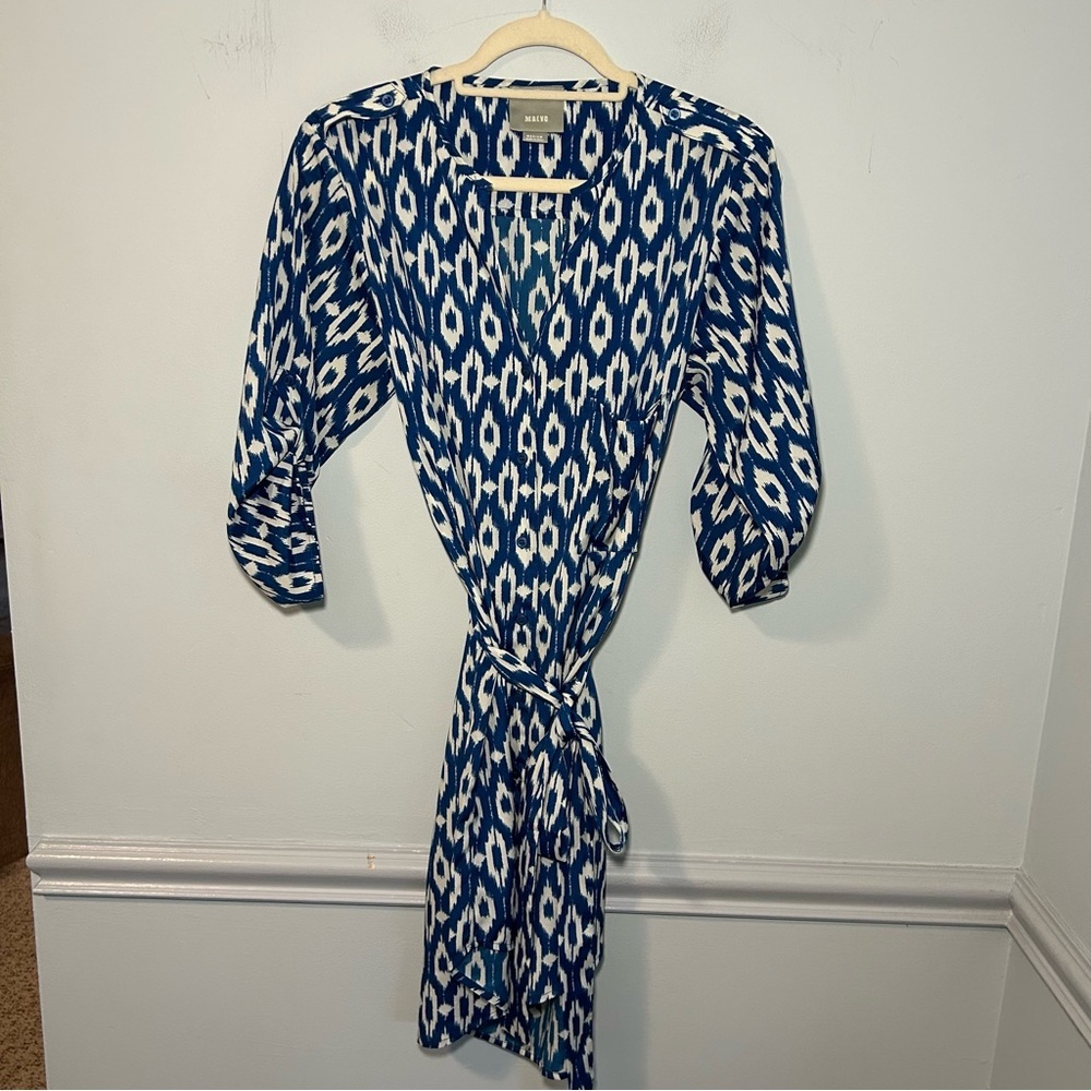 Maeve Anthropologie Blue Ikat Print 3/4 Sleeve Mini Shirt Dress Size Medium